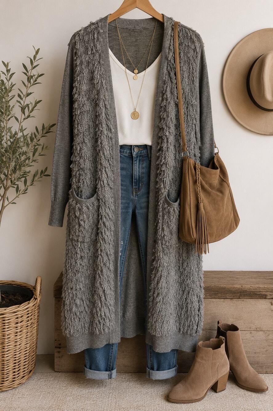 The Great Long Open Front Fringe Duster Cardigan Gray Size 1 Wool Mohair Blend